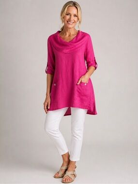 Soft Surroundings Mayfield Tunic Top Medium Pink Cowl Neck Roll Tab Linen